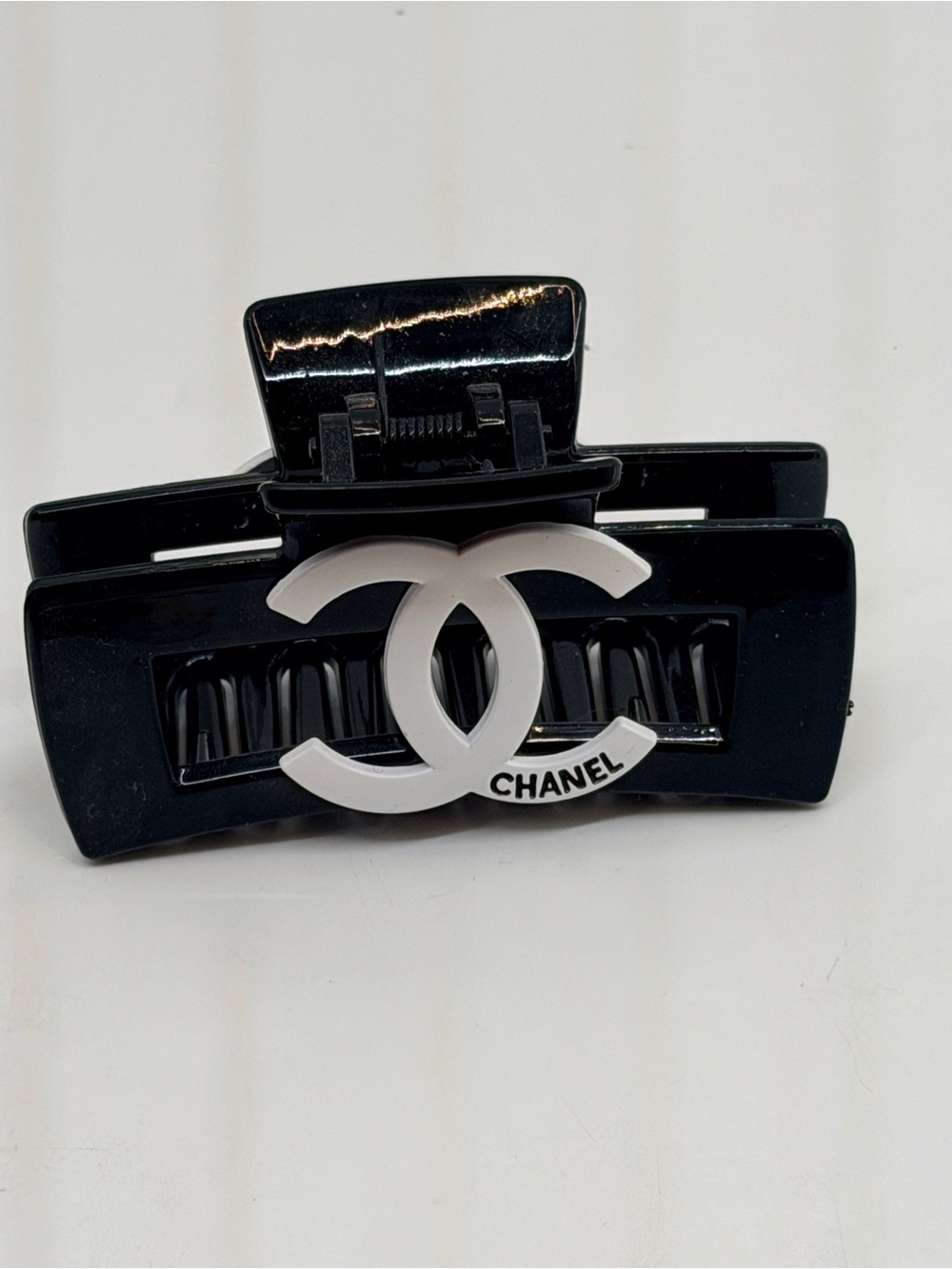 CHANEL Black Hair Claw with White CC Emblem